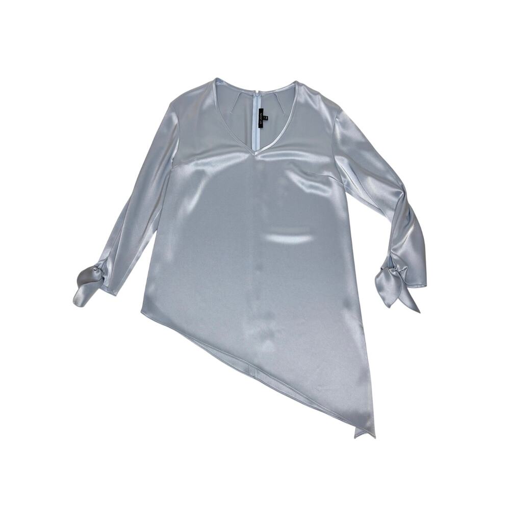 St. John Light Blue Asymmetrical Silk Blend Blouse V Neck S